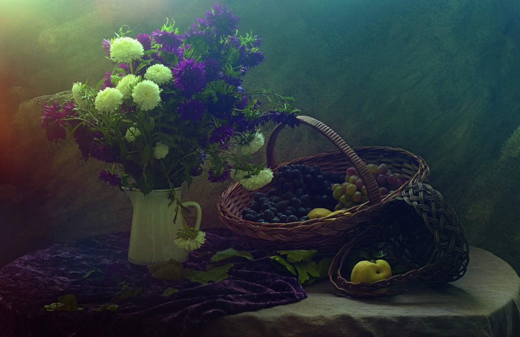 Still life with flowers and grapes by Ustina Green