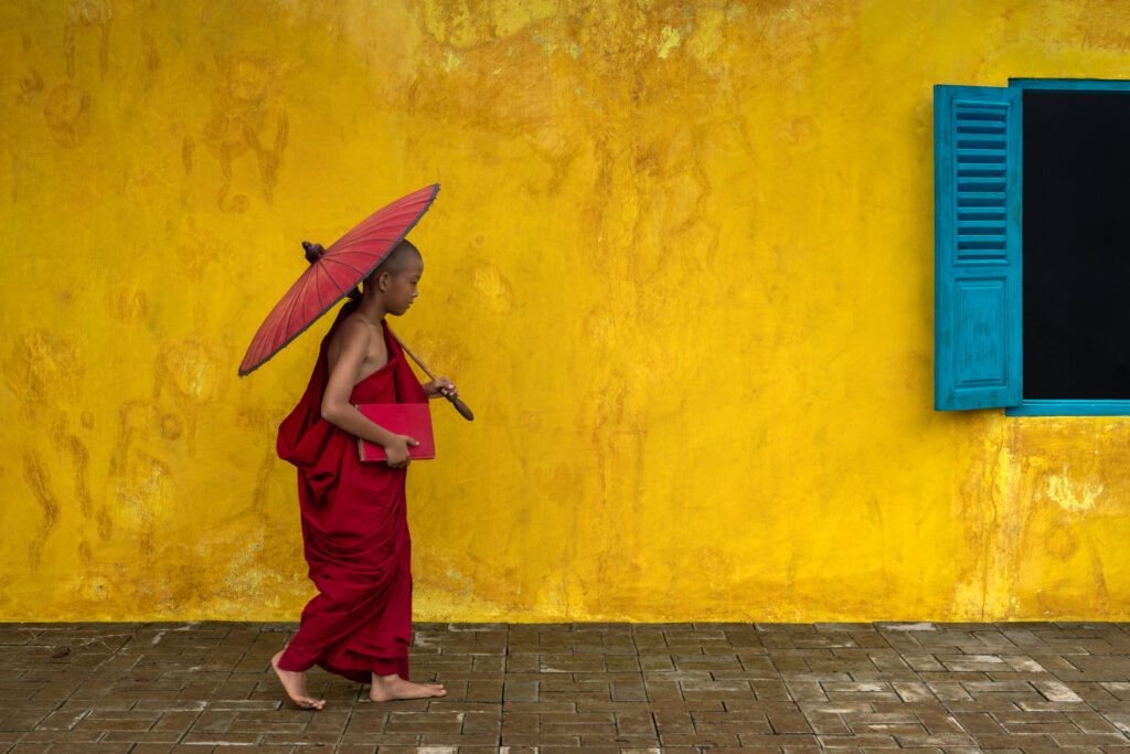 Novice monk walking by Anges van der Logt,1x.com